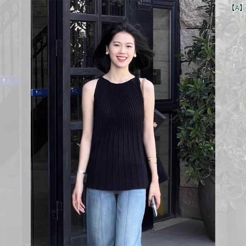ニットキャミソール ベスト レディース 韓国 風の ブラック アイス シルクニット ノースリーブ ウエスト コート サスペンダー、 女性用 夏用、 小柄な スリム ショート ベスト トップス