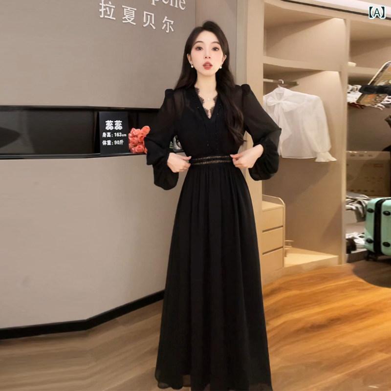 ロング スコート ラ・ シャペルの 黒の 長袖 衣装、 お上さん用、 2025年 初秋の 新作、 ヘップバーン 風の スピード競技の スプライシングが 素晴らしい ロング 衣装