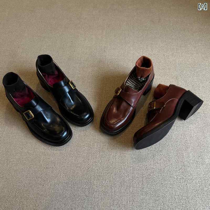 置き目毛皮 レディース 子ヒツジ素はだ レディース レトロ 置き目毛皮 連合王国 風 黒の ラウンドトゥ 金属元素 バックル 厚底 踵 履き 気味合い 人並み外れた