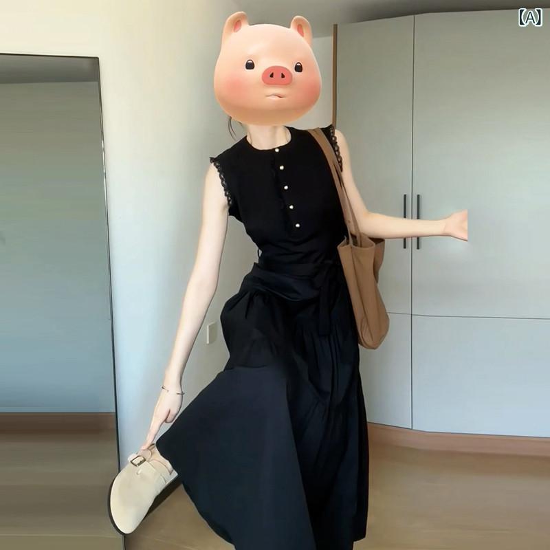 ロング スカート フランスの 気質の 黒の ノースリーブの ドレスの 女性の 服の 夏 服 2025 新しい ヘップバーン スタイルの ロング スカートの 小柄な