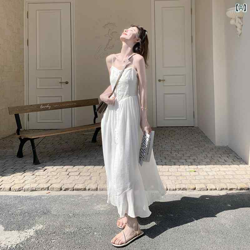 ロング スカート ホワイト ジャカード サスペンダー ドレス 女性 2025年 夏の 新作 フレンチスタイル 美しい超 美しい 海辺の 休日の 気質 ロング ドレス