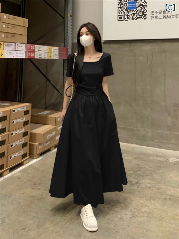 ロング ワンピース フレンチスクエア カラー グレー ブルー ドレス レディース 夏 2025 新型小 ウエスト 痩 身 ハイ エンド 気質 ロング ドレス