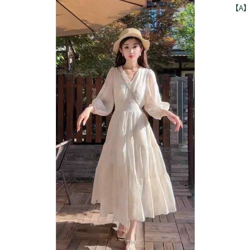 ロング ワンピース フレンチスタイルの 妖精の ドレスの 女性の 服 2025年 夏の 新しい ランタン スリーブ 初恋 ウエスト ロング スカート