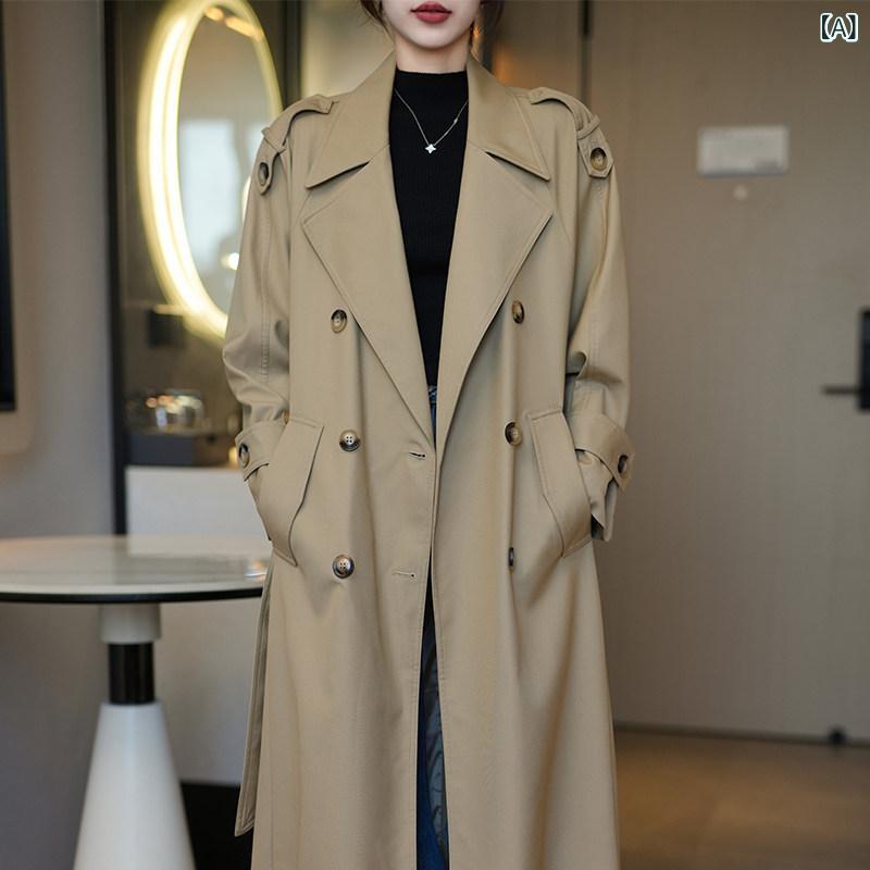 コート レディース 春と 秋に 着られる、 ドレープ 感の ある、 韓国 風、 スリム、 ドロップ ショルダー、 ゆったりと した コートの レディース向け、 高級 ダブルブレスト ロング カーキ トレンチコート