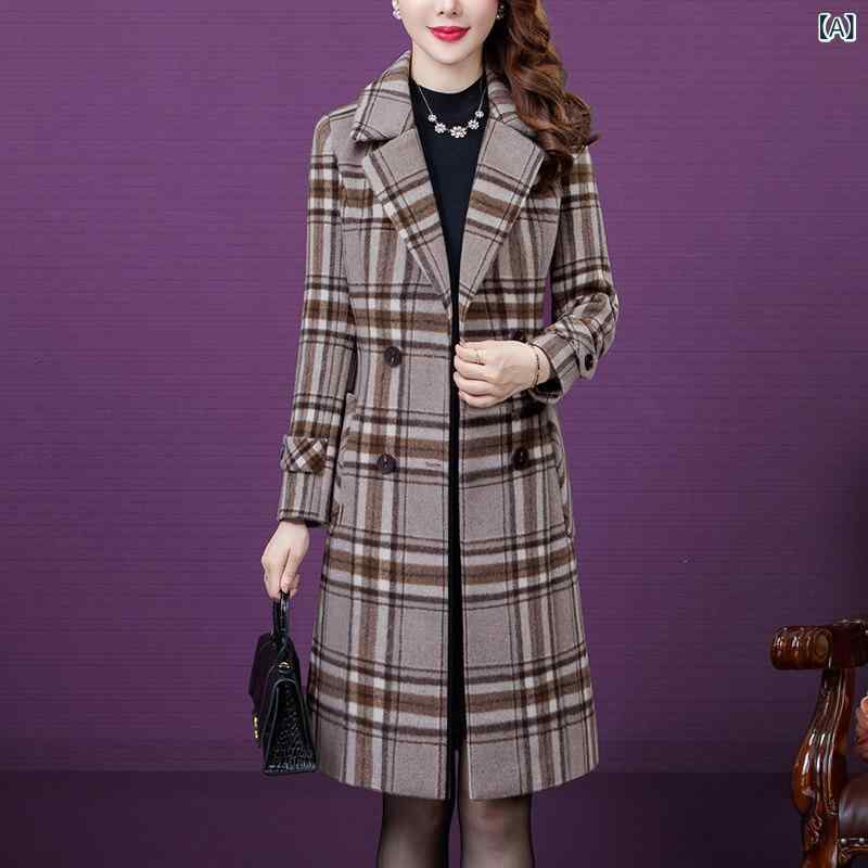 コート レディース 高級な 新しい ファッション 中年 女性の ウールの コート ウエスタンスタイルの大きな ブランドの チェック 柄の コート ミドル 丈の ウールの 服 9,636円