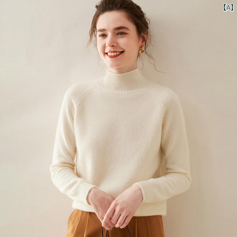 ニット アメリカン トップ レディース オルドス製の 女性用 ハーフ タートルネック カシミアセーター、 厚みの ある 100 ピュアカシミア セーター、 ラグランスリーブ、 ルーズ ボトム シャツ