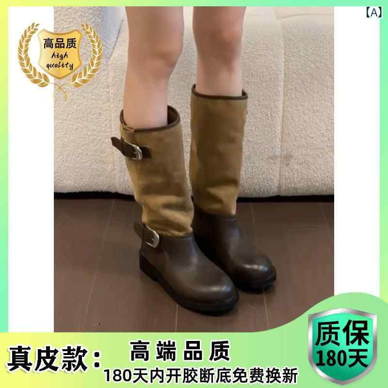 レディース ロング ブーツ 馬 思 春の同 スタイル～ 丸 頭の 継ぎ バックル 厚 底 ウエスタン ナイト ブーツ レディース 秋 冬 プリーツ ロング ブーツ 4,318円