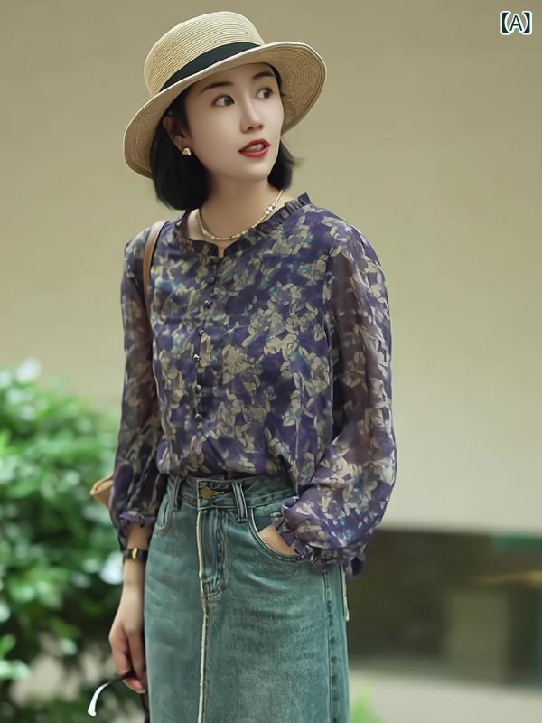 花柄 シフォンシャツ ヨーロッパの 商品の 重い 早春と 夏の 2024 新しい 女性の 服の スタイリッシュな 花柄 シャツの ハイ エンドの 感覚の 美しい 着用 トップスの トレンド
