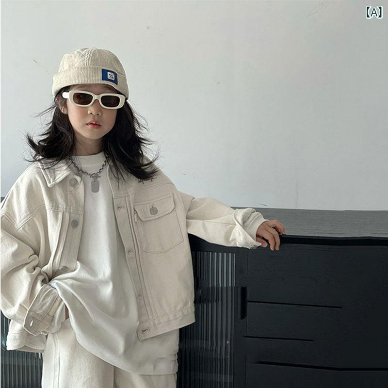 子供用 デニムシャツ 女の子の 白い デニムジャケット、 2025年 春の 新作、 子供用 デニムジャケット、大きな 子供用、 スタイリッシュな 男の子用、 万能 トップス