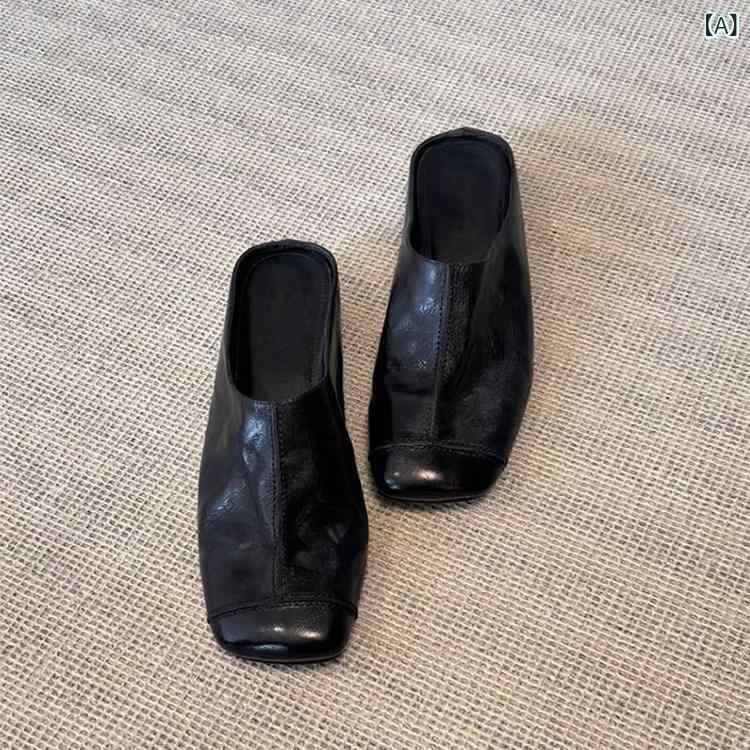レディース ハーフ スリッパ シープスキン バー ジョン ～ 女性用の 新しい レトロな スリッポン つま先 閉じ サンダル、本 革の スクエアトゥの レイジー ミュールと ハーフ スリッパ