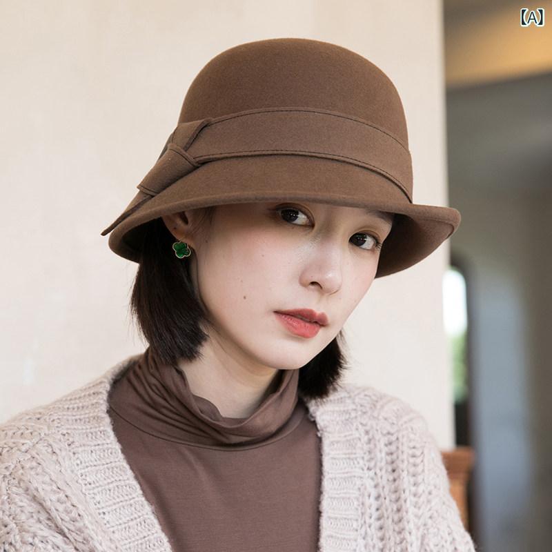 女性用 帽子 秋 冬 フランスの レトロな ウールの 帽子、 女性用 秋 冬用 カール ウール フェルトハット、 ファッション 漁師 帽子、 レディース ベイスン ハット、 冬 スタイル