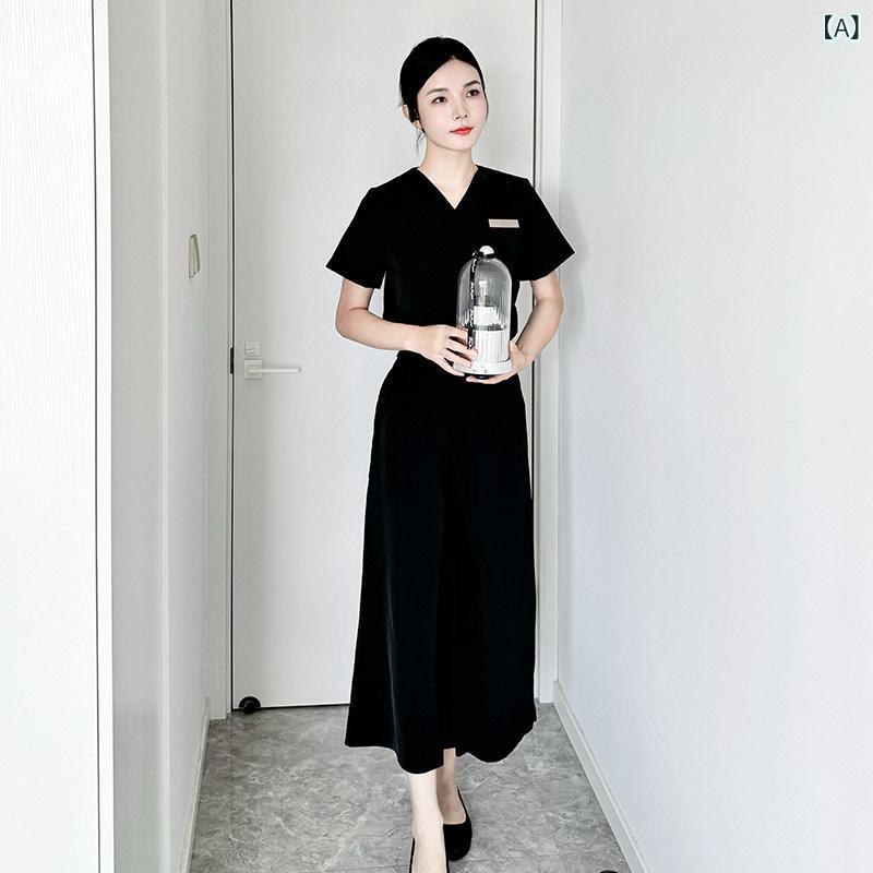 美容院 美容 師 作業 服 女性 韓国 風 春と 夏の 新しい 美容 室 作業 服 女性 美容 師 スキン 管理 クラブ SPA 健康 センター スカートと パンツ スーツ