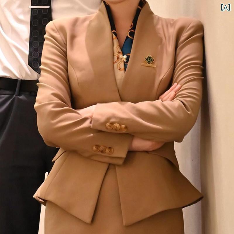 美容院 美容 師 作業 服 女性 女性用 カーキ スーツ、 スリムフィット、 営業 オフィス、 ホテル フロント、 美容院、 ジャケット、 ショート スカート、 プロ 仕様の 仕事 着