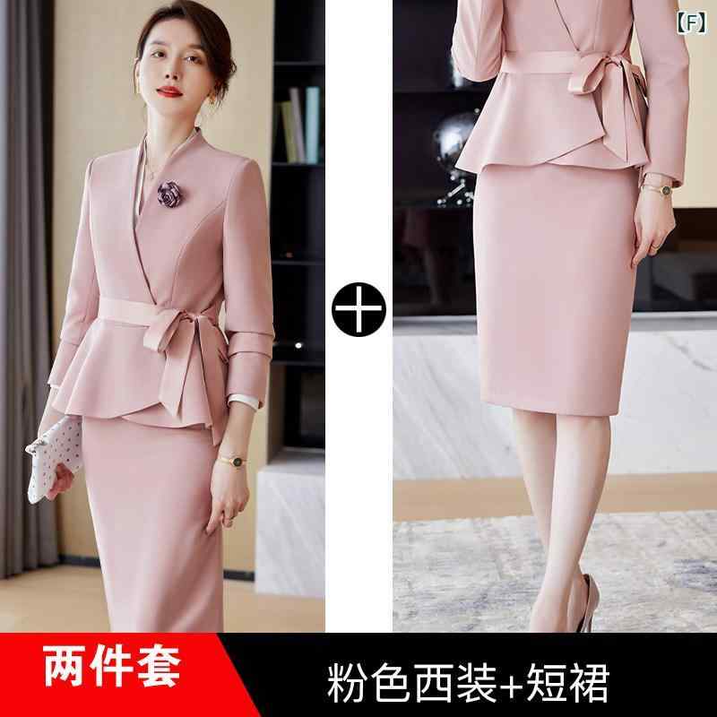 美容院 美容 師 作業 服 女性 高級 スチュワーデス ピンク スーツ スーツ スカート 女性 シニア プロ 気質 プレゼンター 美容院 フロント 作業 服