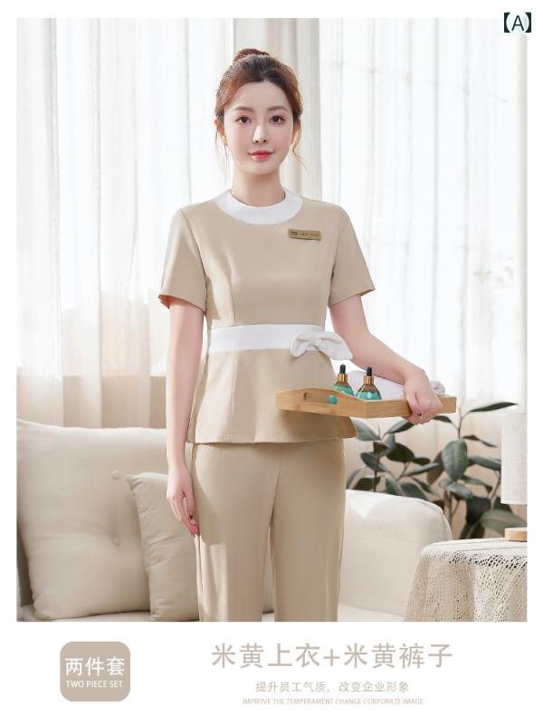 美容院 美容 師 作業 服 女性 韓国の 女性用 美容 師 作業 服、 アプリコット 色、 韓国 風、 夏用 半袖、 耳 掃除 店、 健康 管理 センター、 皮膚 管理 作業 服画像