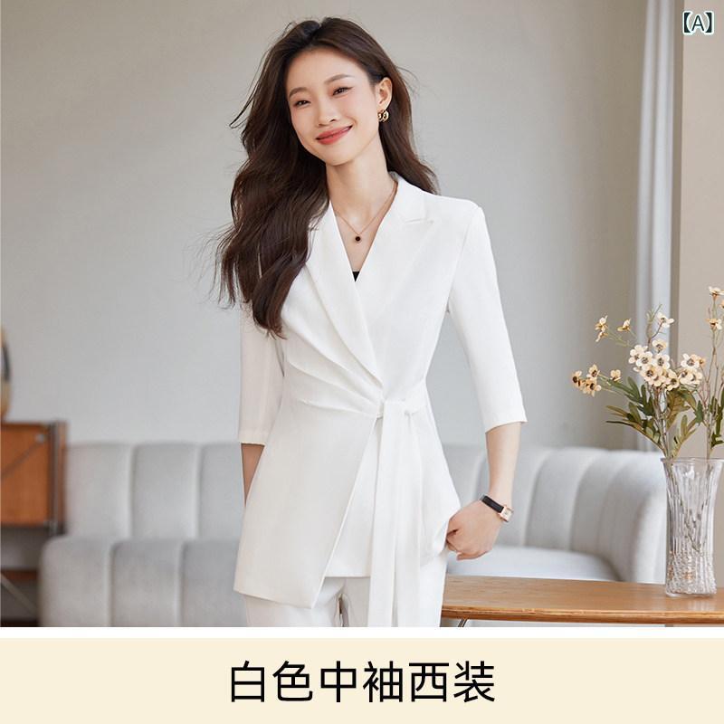 美容院 美容 師 作業 服 レディース 春 夏の 女性用 ミドル スリーブ プロフェッショナル スーツ、 ホテルの フロント デスクの 作業 服、 ゴールドショップの カウンター、 美容 師、 宝石 店の 作業 服
