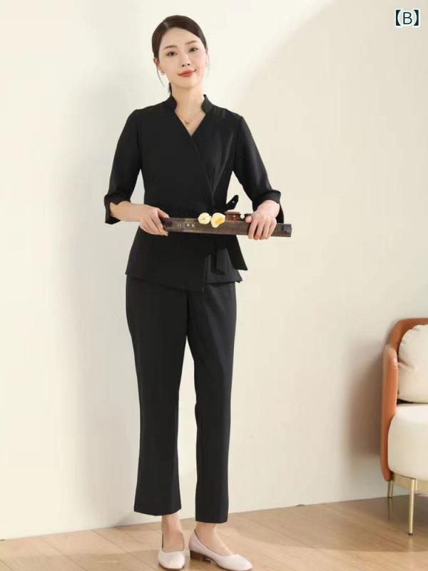美容院 美容 師 作業 服 レディース 女性用 美容 師 作業 服、 秋 冬、 高級 美容院 気質 作業 服、 保健 センター、 足 浴 技術者 服、 ミッド スリーブ スーツ