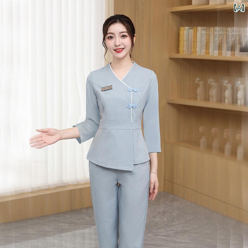 美容院 美容 師 作業 服 レディース 2024年 新作 美容 室 美容 師 作業 服 女性 夏季 健康 センター 足 湯 足 マッサージ 技術者 スーツ 高級