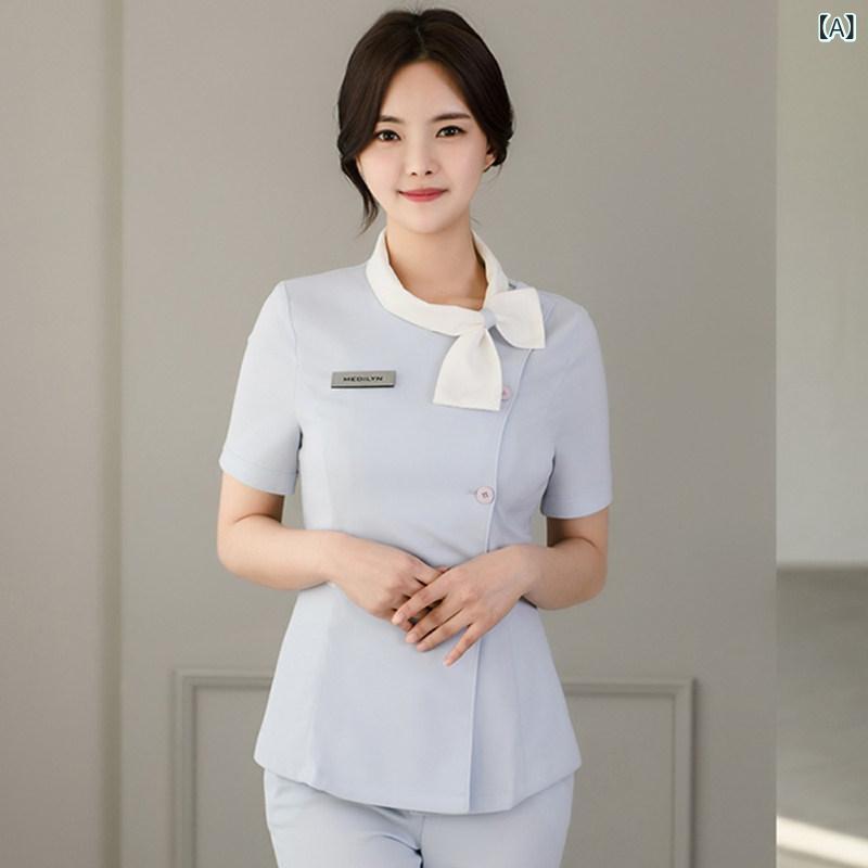 美容院 美容 師 作業 服 レディース 韓国 語 版の 美容院 美容 師 作業 服 刺繍、 マニキュア、 美容 師 服 夏 プロ スーツ パンツ 店長 制服