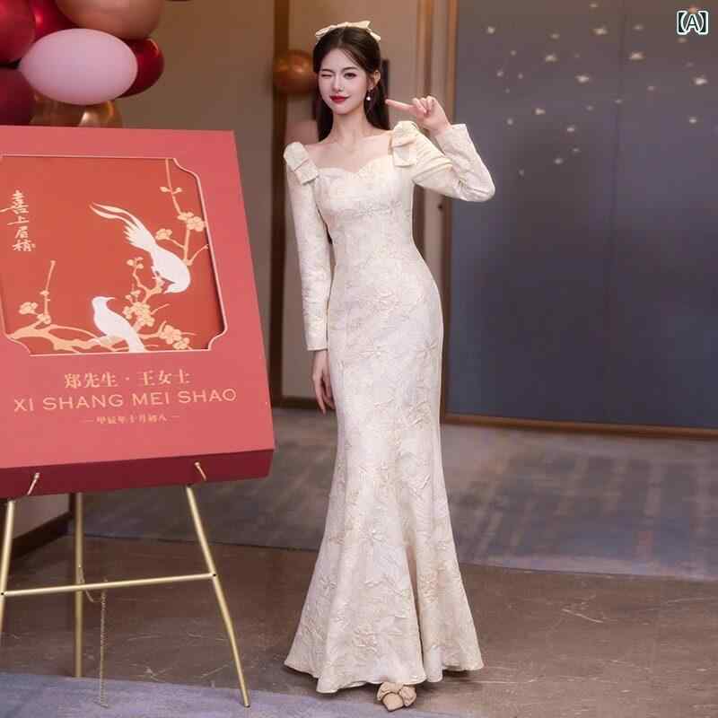 チャイナ ドレス スカート 女性の ための 新しい 中国 風の 婚約 イブニングドレス、 シャンパン カラー、 長袖、 セレブの 宴会、 フィッシュ テール トースト ドレス、 花嫁の 結婚 式
