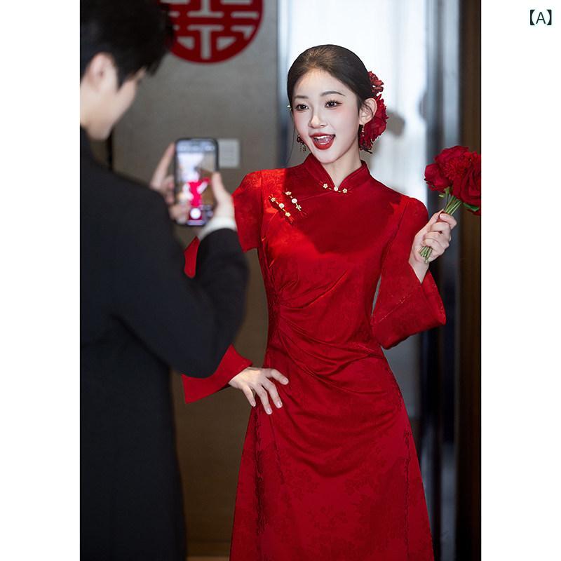 チャイナ ドレス スカート 中国 結婚式の チャイナ ドレス トースト ドレス 花嫁 婚約 ドレス スカート 高級 秋冬 結婚式の 帰国 日の カジュアルウェア｜SEIYUショップ