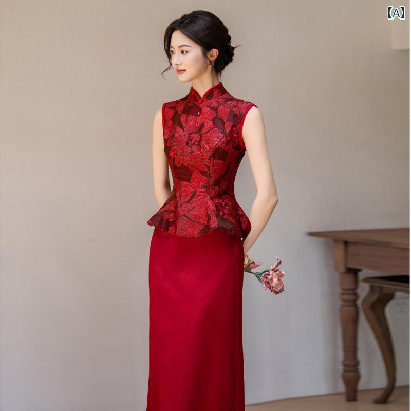 チャイナ ドレス スカート 赤い 新しい 中国 風の 婚約 イブニングドレス、 女性の 花嫁の 結婚 式の トースト ドレス、 高級な 雰囲気の レトロな 改良 された チャイナ ドレス 秋