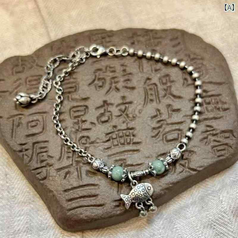 アンクレット レディース ヴィンテージ 925 シルバー 翡翠 ラウンド ビーズ 小魚 アンクレット 新しい 中国 風 デュアルユース モデル ニッチ デザイン 個性 多 用途 ネックレス