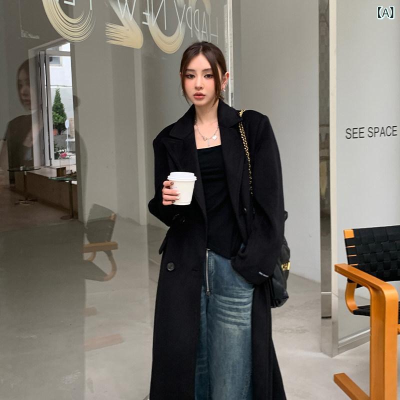 おしゃれ 秋冬 コート レディース レディース ウール コート 韓国 風 新型 長め ヘップバーン 風 ロング ハイ エンド 背の 高い 厚手 黒 ウール コート
