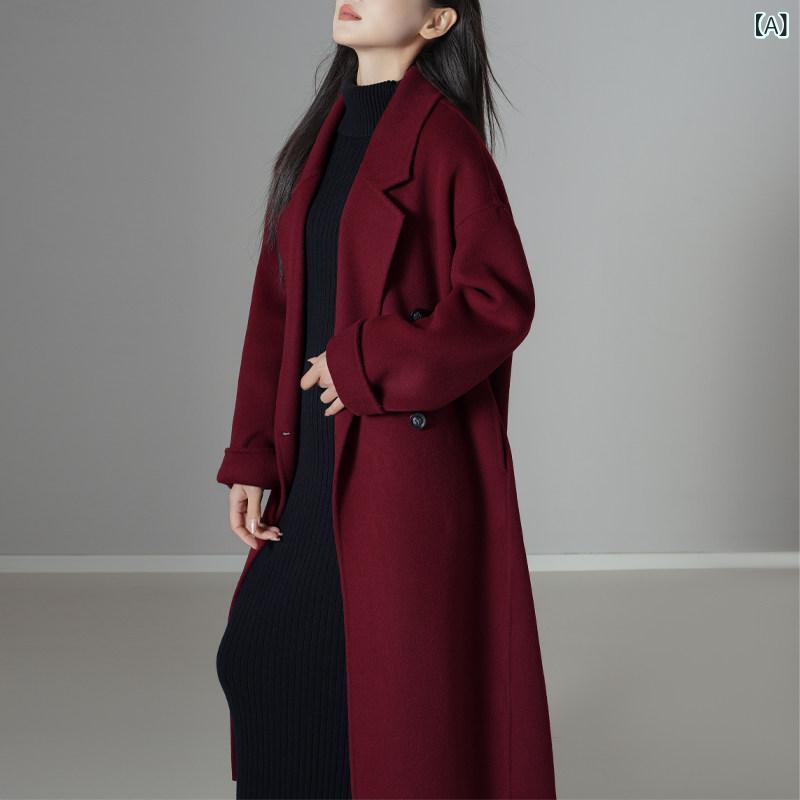 おしゃれ 秋冬 コート レディース アンゴラ レッドの ダブルフェイス カシミアコート、 レディース 2024年 秋 冬 新作、 高級 ミディアム 丈 ウール コート