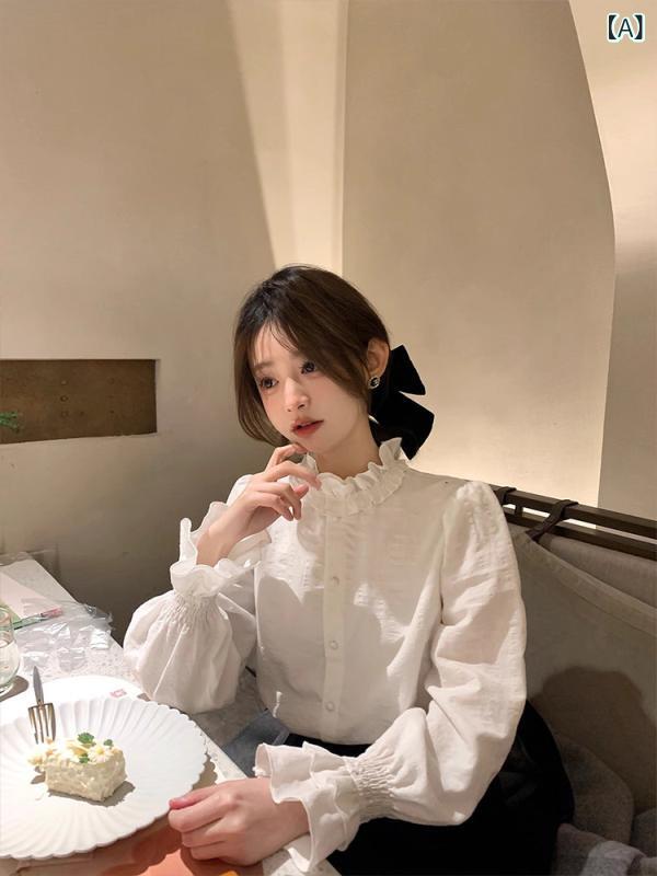 長袖シャツ レディース 春秋 真 菌 レース 襟 白 シャツ 女性の 新しい 初秋 フランスの レトロな トップと ボトリング シャツ 春と 冬の 重ね 着