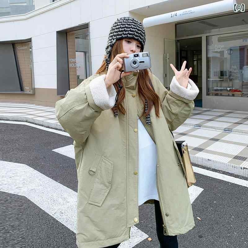 ダウンジャケット レディース 暖かい ダウンジャケット レディース 暖かい カーキグリーンの超 美しい ラムウールの ラペル ダウン ジャケット レディース 2024年 冬 新作 ゆったり 厚手 ワークウェア パーカー