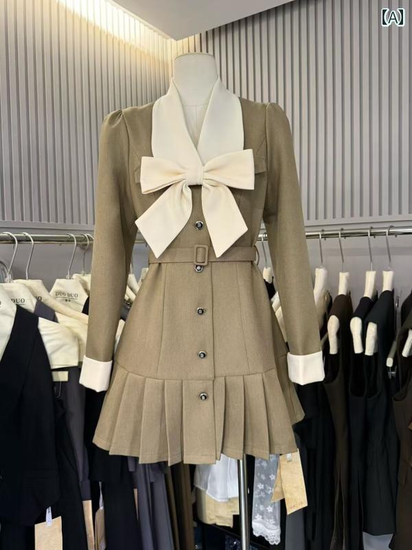 リボン ワンピース レディース Duoduo高 品質の コント ラスト カラーの リボン スーツ ドレス フランス 風の 淑女な ウエスト 痩せ A ライン プリーツスカート