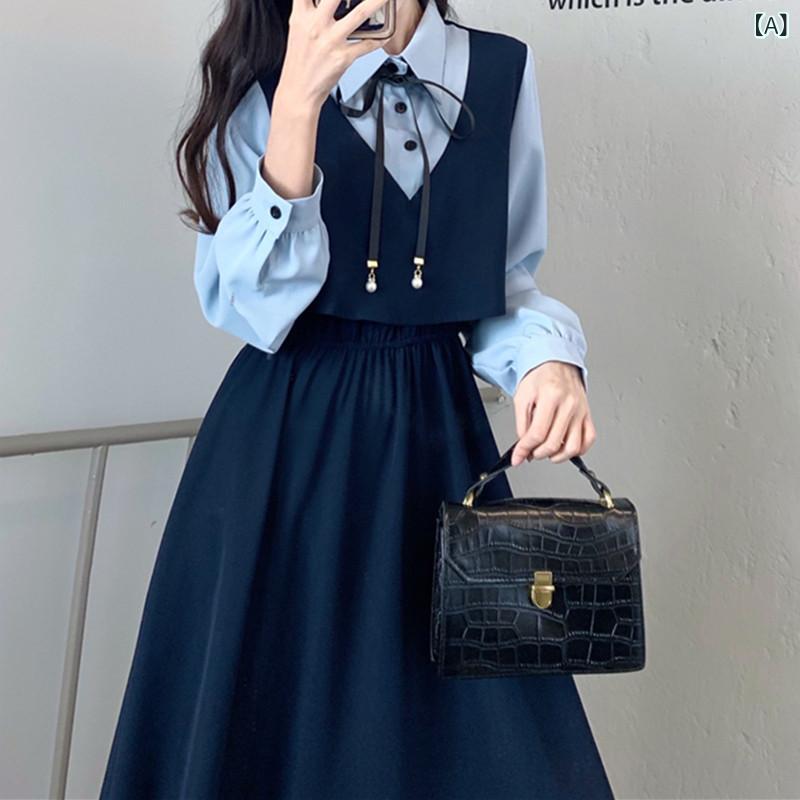 リボン ワンピース レディース プラス サイズの 女性の フレンチ プレッピー スタイルの フェイク ツーピース ドレス、 秋と 冬の 女性用 ファット mm スリミング 多目的 年齢 軽減 シャツ ロング スカート
