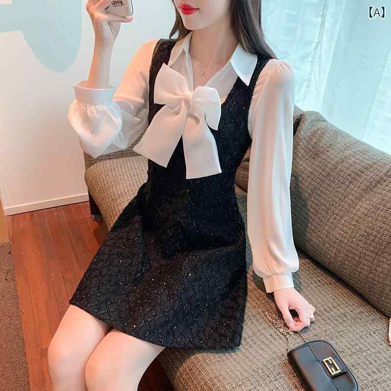 リボン ワンピース レディース 女性用 シフォンシャツ ドレス、 スリム ウエスト、 ウール オーバー オール、 ツーピース スーツ、 セレブ 気質の ボトム スカート
