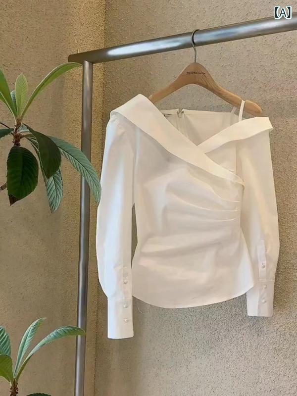 オフショルダー ロングスリーブ レディース トップス デザイン センス ニッチ クロス V ネック オフショルダー ロングスリーブシャツ レディース ピュア デザイ スタイル プリーツ ウエスト スリミング 斜め ショルダー シャツ トレンド
