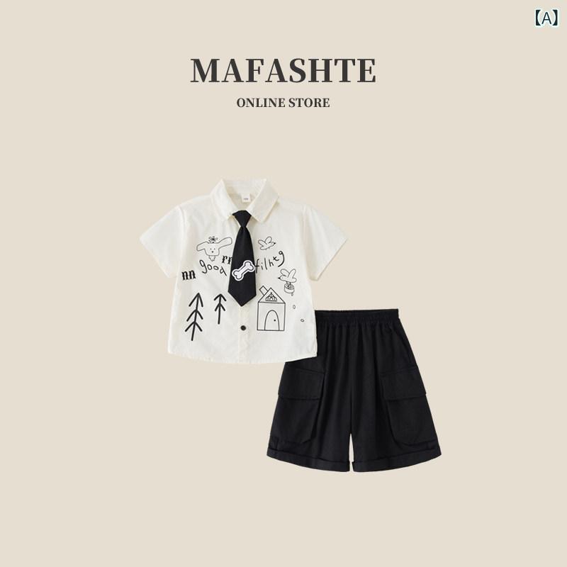 子供服 男の子 男の子の 夏の スーツ 2025 新しい 子供 服の 夏の 半袖 花柄 シャツ ツーピース スーツ 男の子 カジュアル ツーピース スーツ