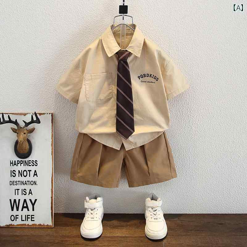 子供服 男の子 男の子の 夏用 半袖 シャツ スーツ 2025年 新作 カレッジ スタイル 3小 4 ベビー 5 ハンサム 6 カジュアル 7 ネクタイ 8歳
