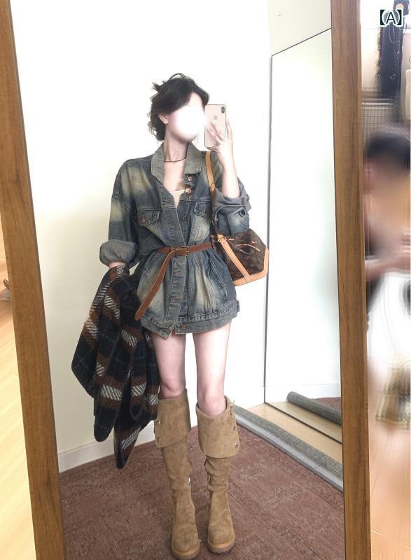 レトロ デニムジャケット 女性 アメリカン レトロ ウォッシュ 加工の ダメージ デニムジャケット（ レディース） 秋の新 デザイン、 ウエストが 細くなる ゆったりと した ジャケット