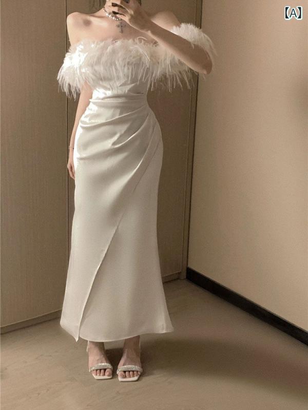 ワンショルダー サスペンダー スカート ファーの スプライシング セクシーな ワンショルダー オフショルダー デザイン ドレス、 初秋の 女性用、 新しい スタイル、 少し 太めの プラス サイズ、 フレンチ ロング スカートの トレンド