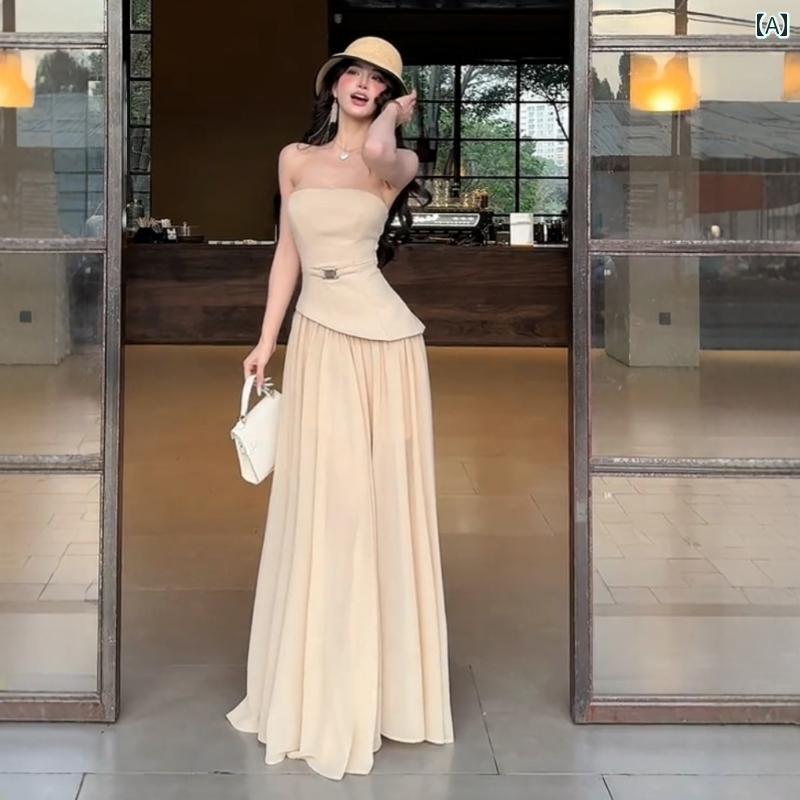 ワンショルダー サスペンダー スカート フランスの 気質 ワンショルダー チューブ トップ フェイク ツーピース ドレス 女性 夏 新作 ウエスト 痩せ 美しい ロング スカート