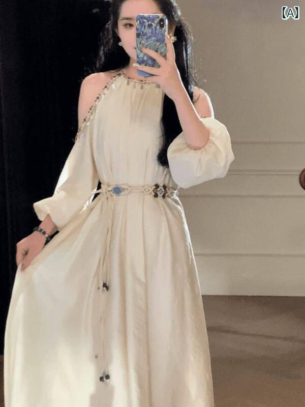 ワンショルダー サスペンダー スカート ボヘミアン ホリデー スタイルの ティーブレイク ドレス レディース 服 2025年 夏の 新作 レイジー ハイ エンド オフショルダー ロング スカート