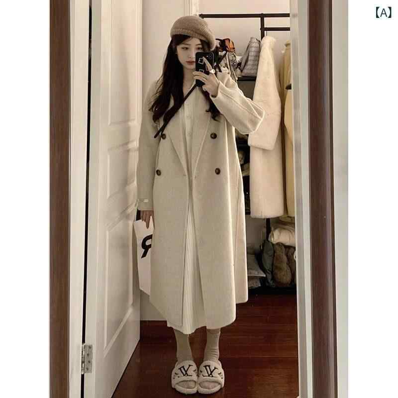カシミール厚地の外套 レディース 真っただ中丈 オートミール 両面 カシミール羊毛 厚地の外套 レディース 真っただ中 丈 2024 秋 冬 韓国 版新 ヘップバーン 表現スタイル 羊毛 厚地の外套