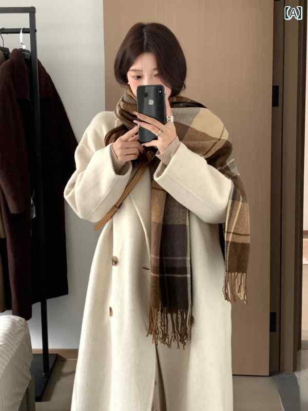 カシミヤコート レディース ミドル丈 オートミールの 両面 カシミヤコート、 女性用 2025年 秋 冬 新作、 韓国 風 ミドル 丈 気質 ルーズ ウール コート