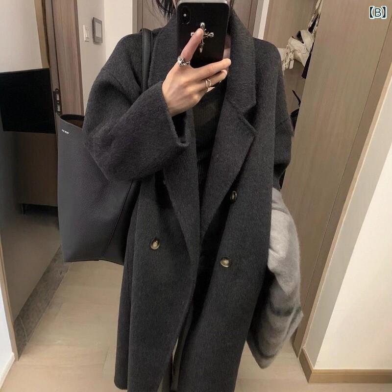 カシミール厚地の外套 レディース 真っただ中丈 黒いこと ダブル人間の顔 絨毛 カシミヤ厚地の外套 レディース 2025 冬 新作 スモール打ち倒す 上張り 絨毛 厚地の外套 レディースファッション-コート・ジャケット
