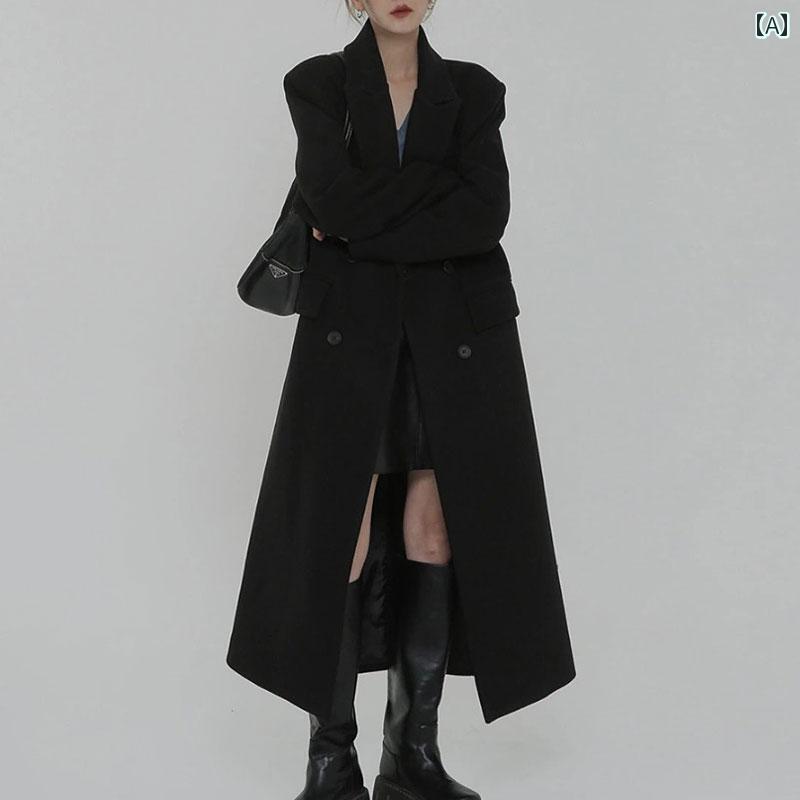 カシミヤコート レディース ミドル丈 女性用 黒 ウール コート、 パッド入り、 厚手、 韓国 風、 パッド入り、 背が 高く、 長く、 肩が まっすぐ、 秋 冬用 ウール コート