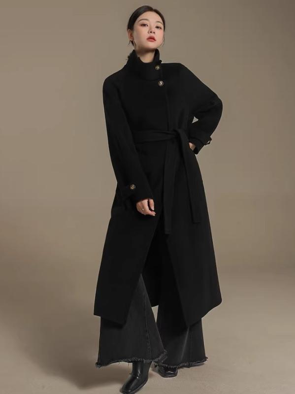 カシミヤコート レディース ミドル丈 秋 冬用 黒 スタンド カラー ダブルフェイス カシミアコート、 ミディアム ロング 丈、 気質と スリムフィット、 ウエスト 付き ヘップバーン スタイルの ウール コート