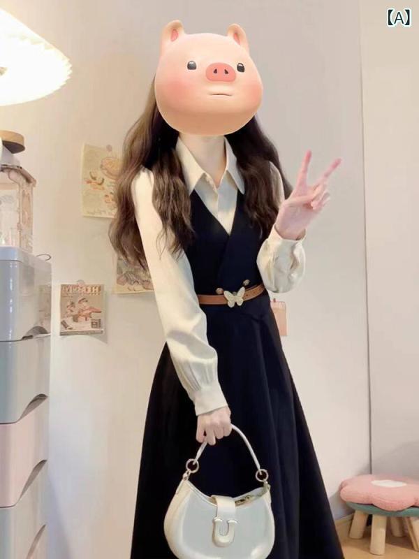 シャツワンピース レディース カレッジ スタイルの 気質の シャツ ワンピース 背の 高い 初秋 韓国の 雰囲気は フランスの 高級 ロング スカートを 着用