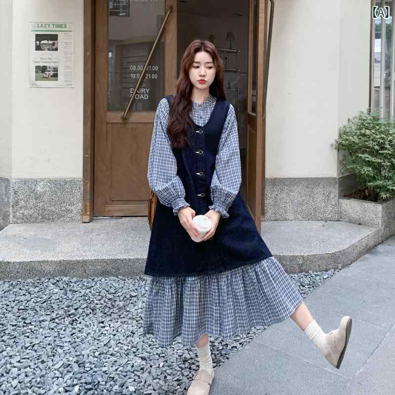 シャツワンピース レディース 韓国 レトロ カレッジ デニムベスト ドレス スーツ レディース 2025秋 チェック シャツ スカート ツーピース スーツ｜SEIYUショップ