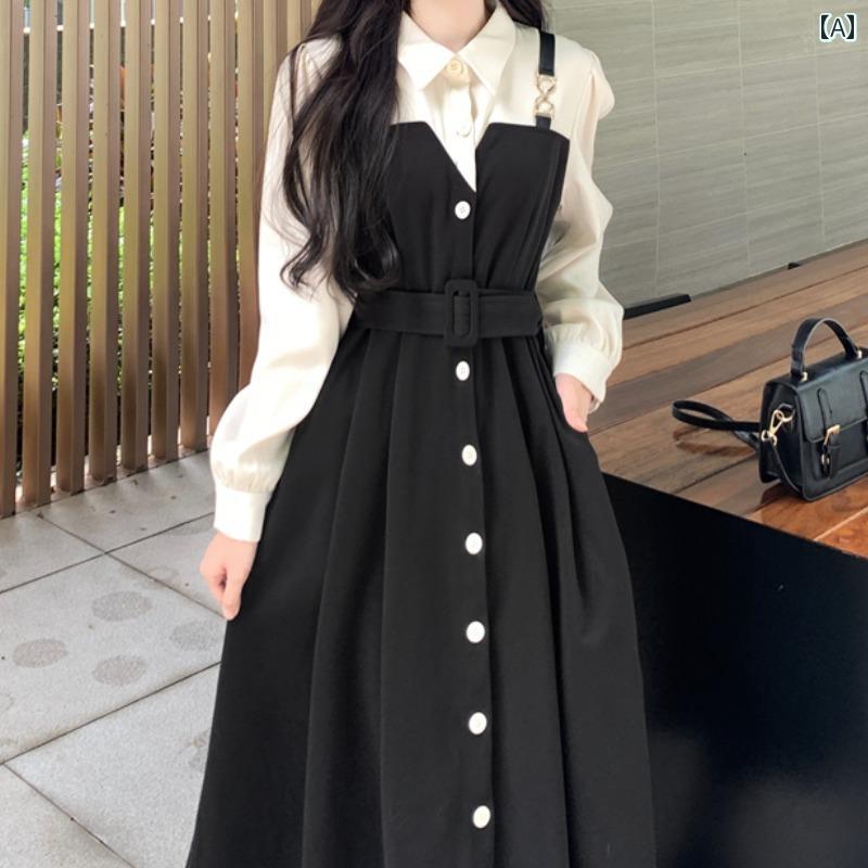 シャツワンピース レディース 秋 冬の ユニークで 美しい スーツ スカート プラス サイズの 女性の フェイク ツーピースの スプライシング 長袖 シャツ ポロ カラー ドレス