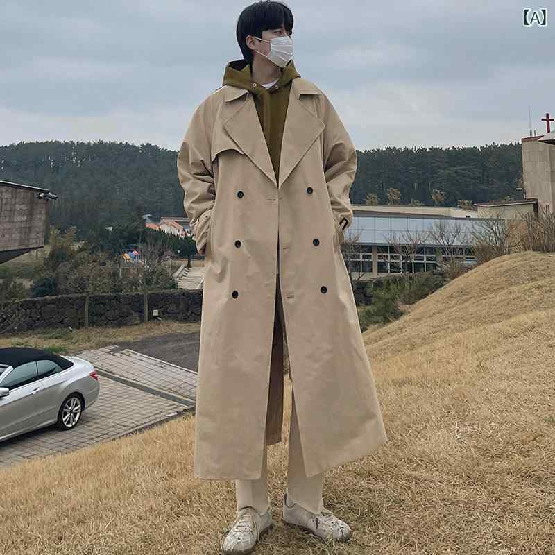 メンズトレンチコート春秋 秋の 韓国 バー ジョンの超 ロング メンズ 膝上 ウィンドブレーカー、 若者向けの トレンディで ハンサムな コート、 ダブルブレストの ゆったりと した レース アップ コート
